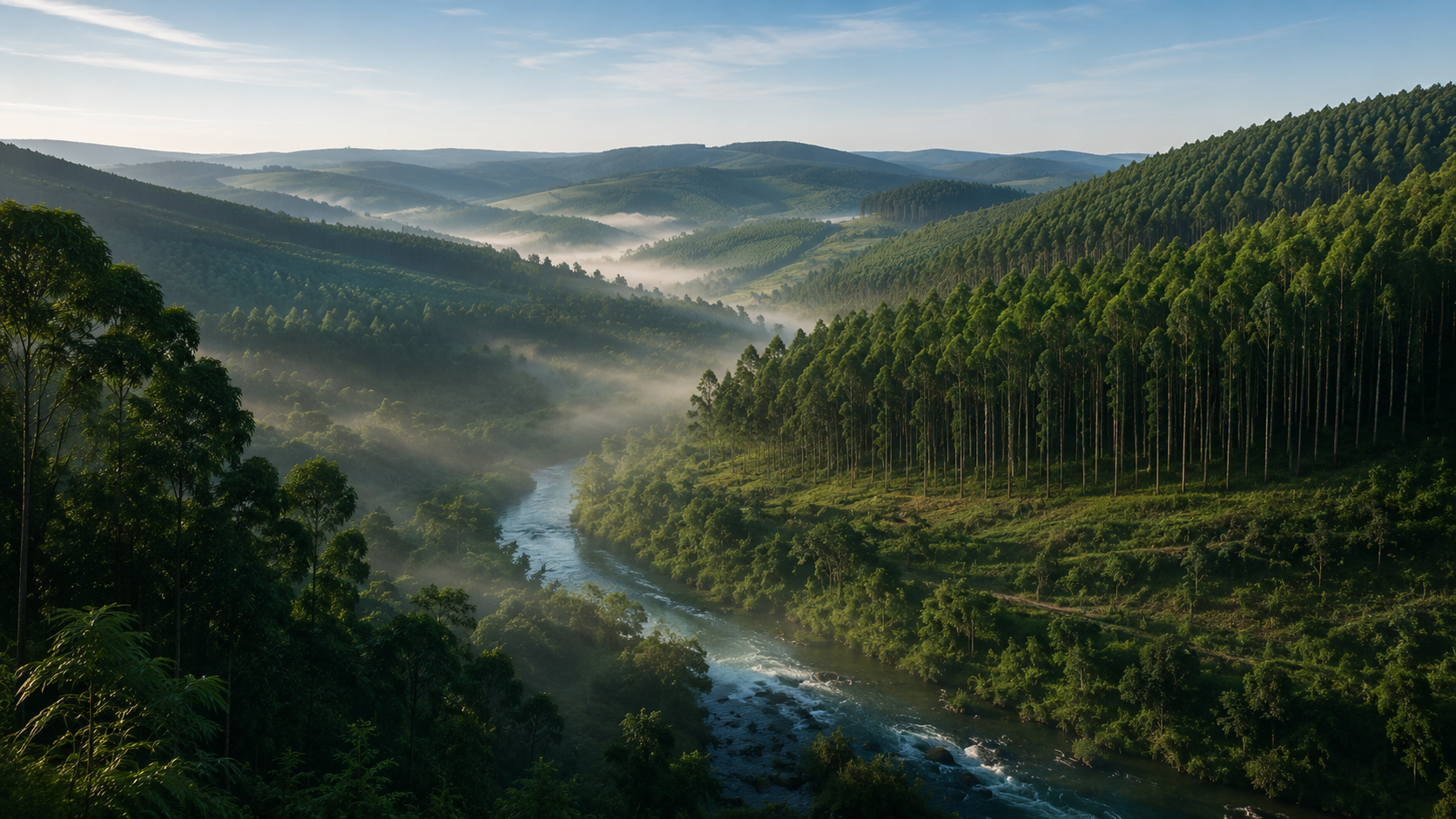 Vale arborizado com rio e neblina ao amanhecer — silvicultura em microbacia.